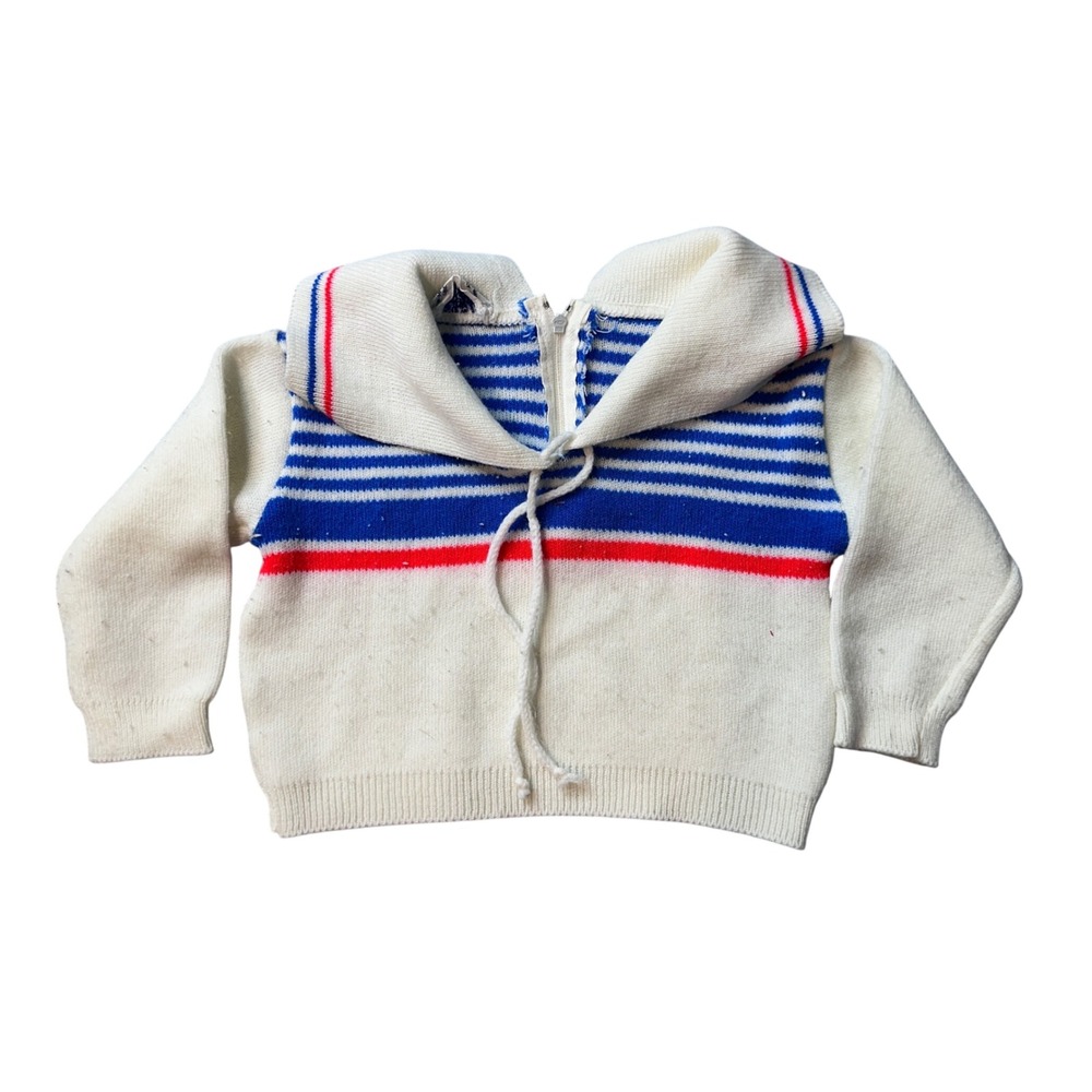Vintage Sweater Kids 18M White Sailor Nautical Stripe Quarter Zip Knit Japan 70s